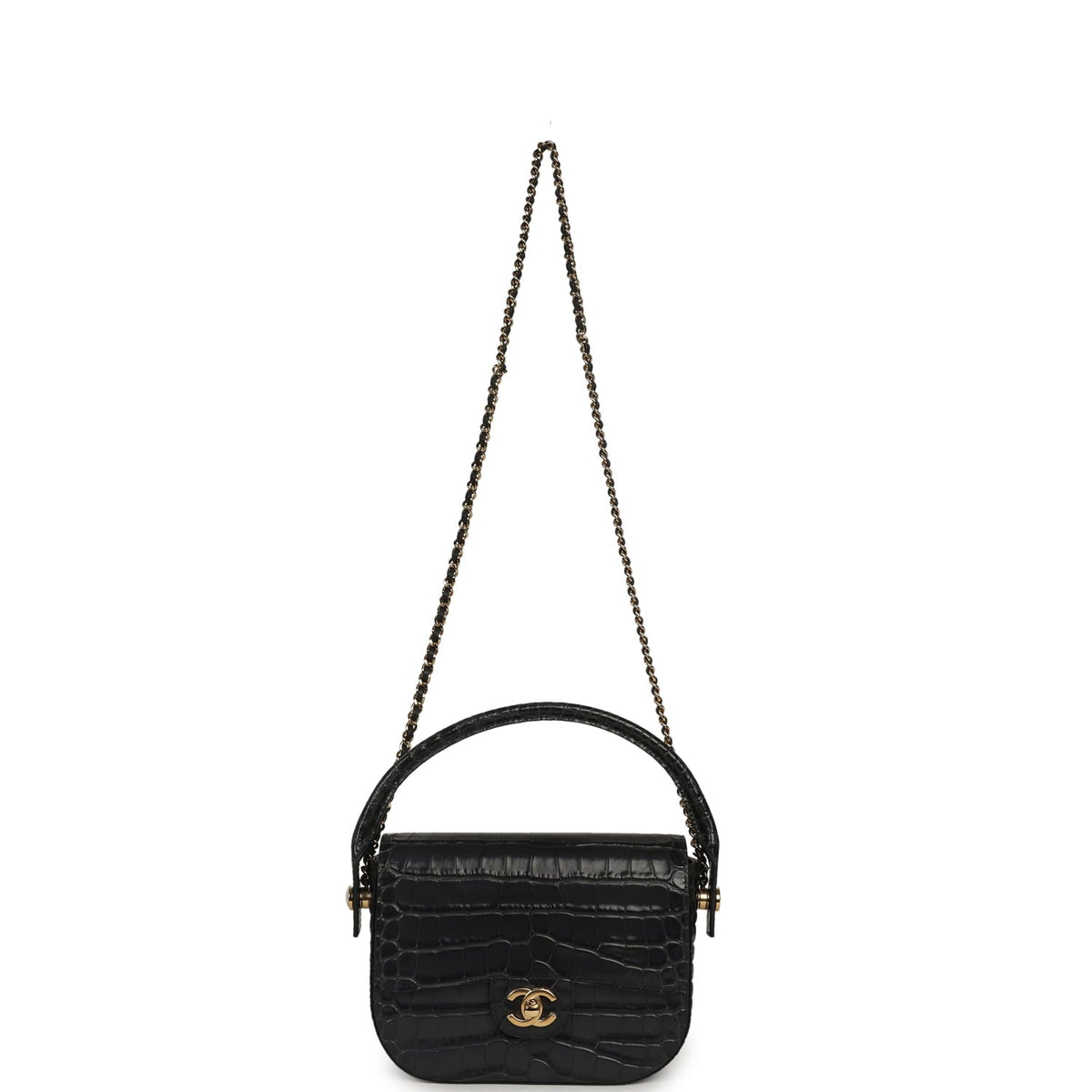 Chanel Mini Top Handle "Turn Around" Flap Dark Grey Croc Embossed Calfskin Gold Hardware