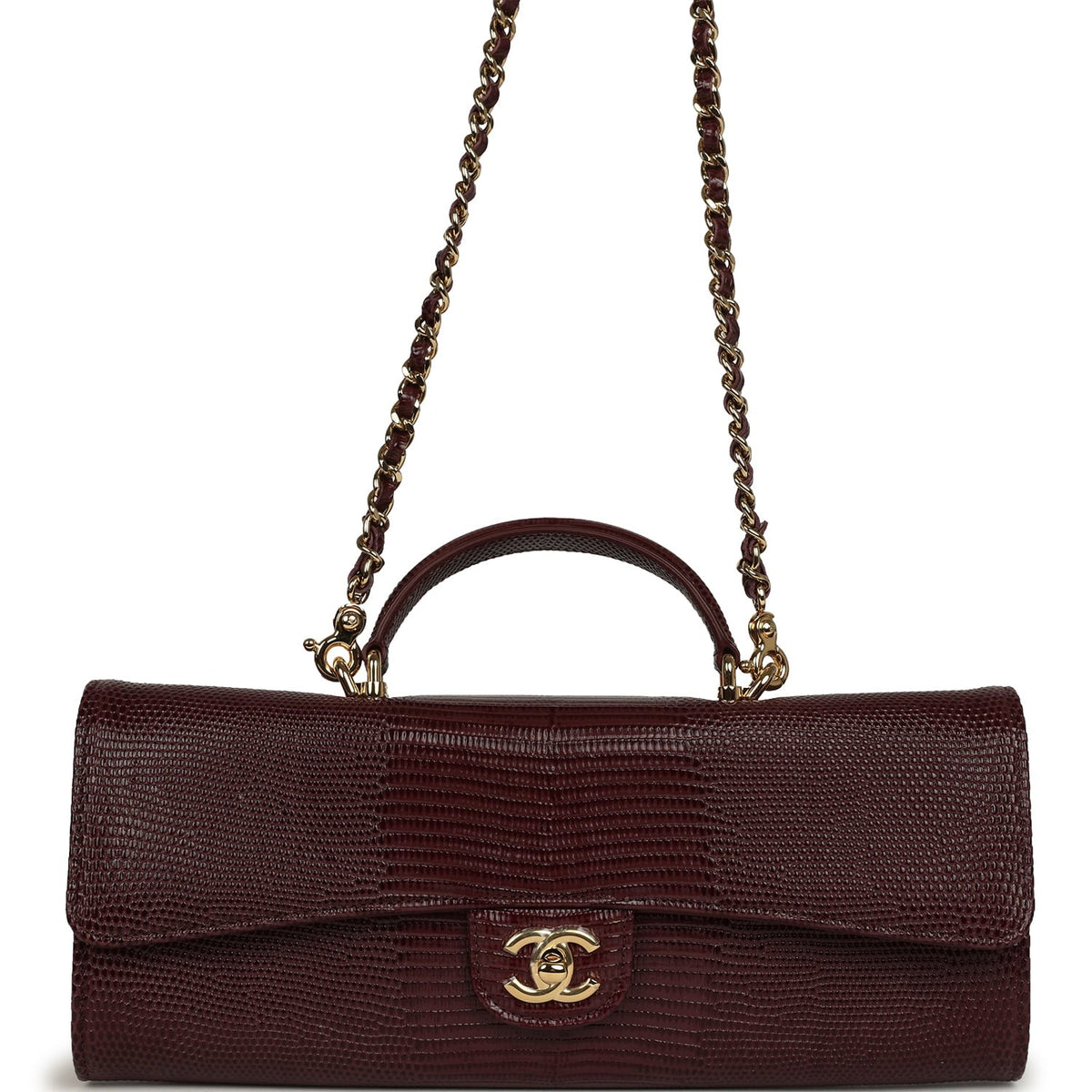 Chanel Long Top Handle Clutch with Chain Dark Burgundy Lizard Embossed Calfskin Gold Hardware