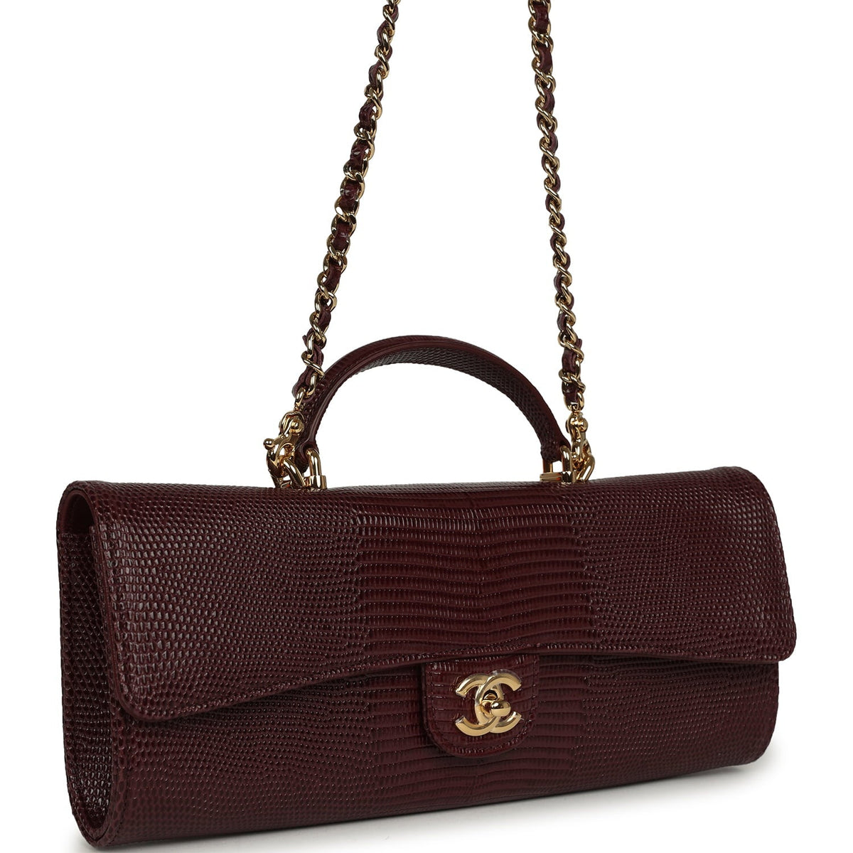Chanel Long Top Handle Clutch with Chain Dark Burgundy Lizard Embossed Calfskin Gold Hardware