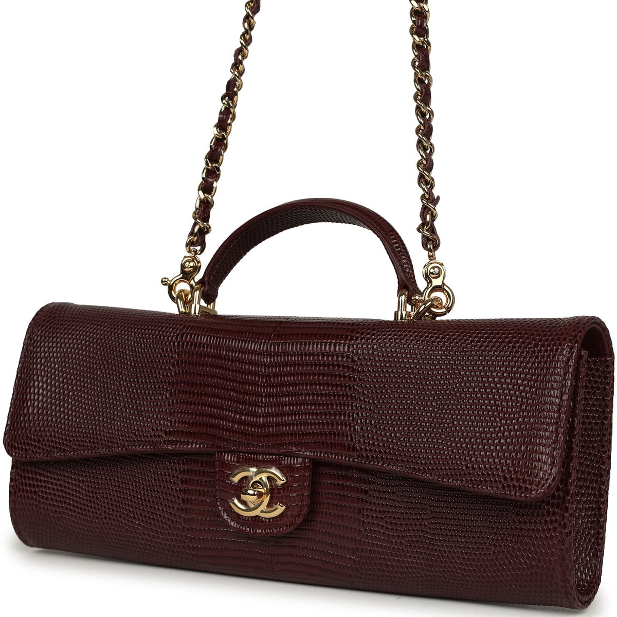 Chanel Long Top Handle Clutch with Chain Dark Burgundy Lizard Embossed Calfskin Gold Hardware