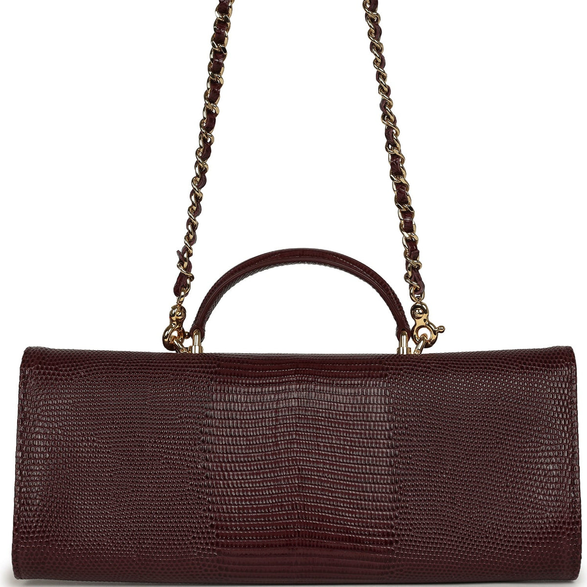 Chanel Long Top Handle Clutch with Chain Dark Burgundy Lizard Embossed Calfskin Gold Hardware