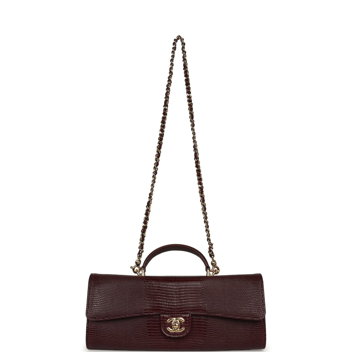 Chanel Long Top Handle Clutch with Chain Dark Burgundy Lizard Embossed Calfskin Gold Hardware