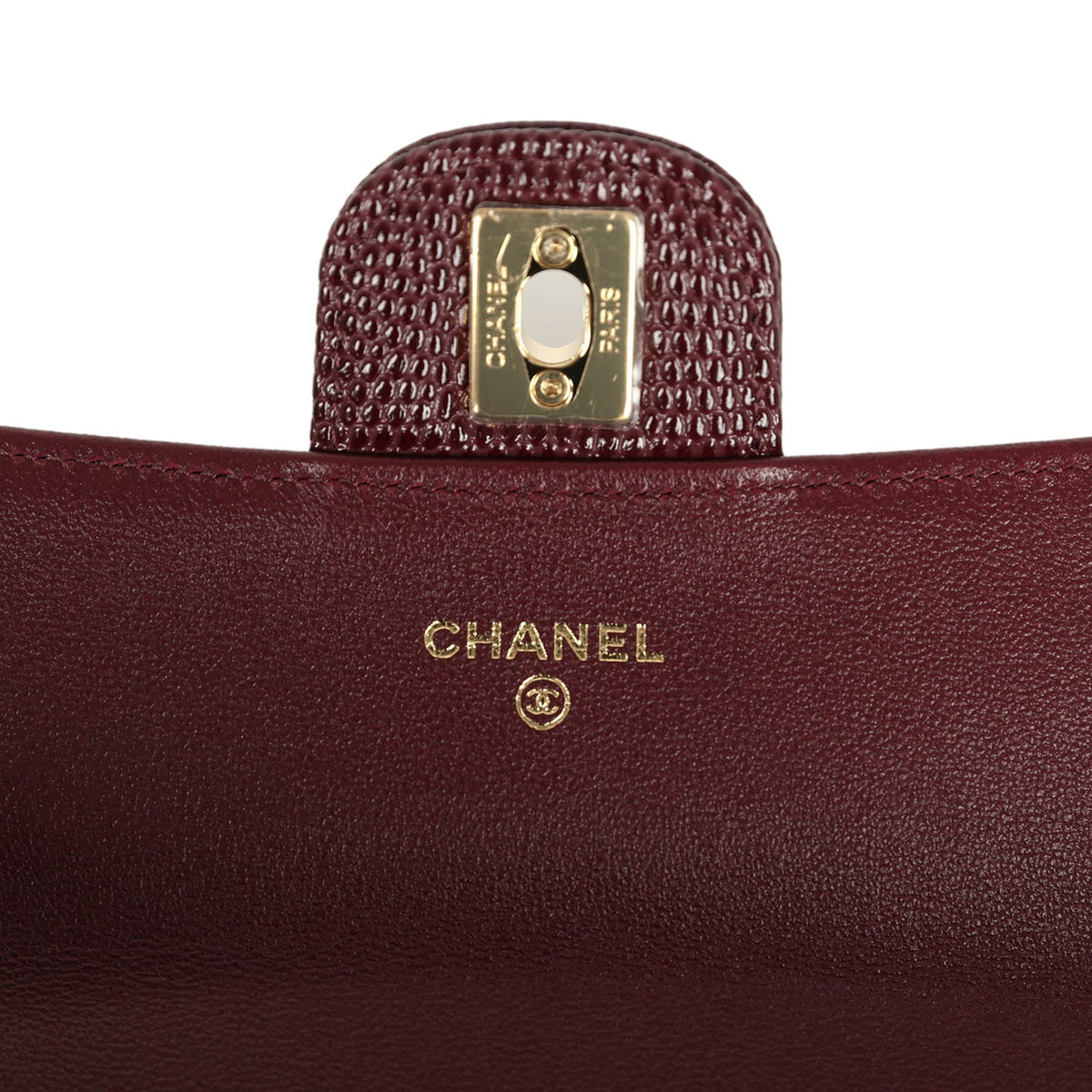 Chanel Long Top Handle Clutch with Chain Dark Burgundy Lizard Embossed Calfskin Gold Hardware