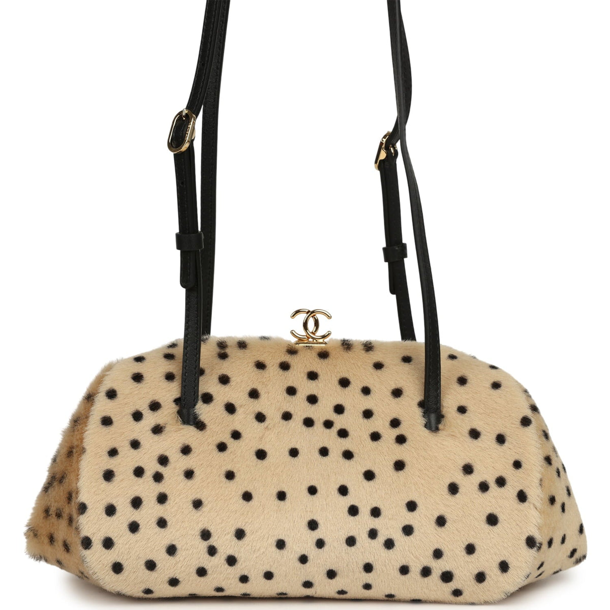 Chanel Cheetah Print Clutch with Leather Straps Light Beige Calf Hair, Black Leather Gold Hardware