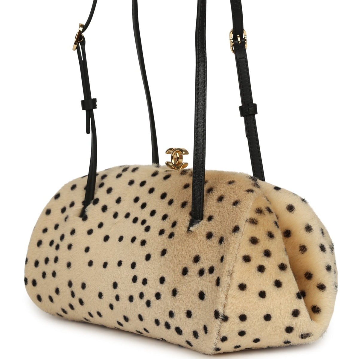 Chanel Cheetah Print Clutch with Leather Straps Light Beige Calf Hair, Black Leather Gold Hardware