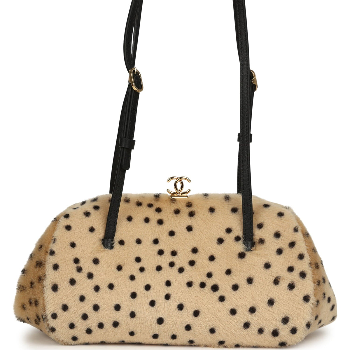Chanel Cheetah Print Clutch with Leather Straps Light Beige Calf Hair, Black Leather Gold Hardware