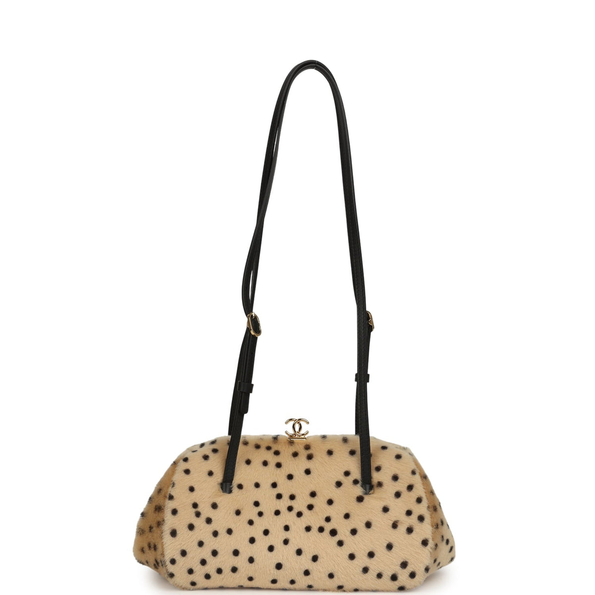 Chanel Cheetah Print Clutch with Leather Straps Light Beige Calf Hair, Black Leather Gold Hardware