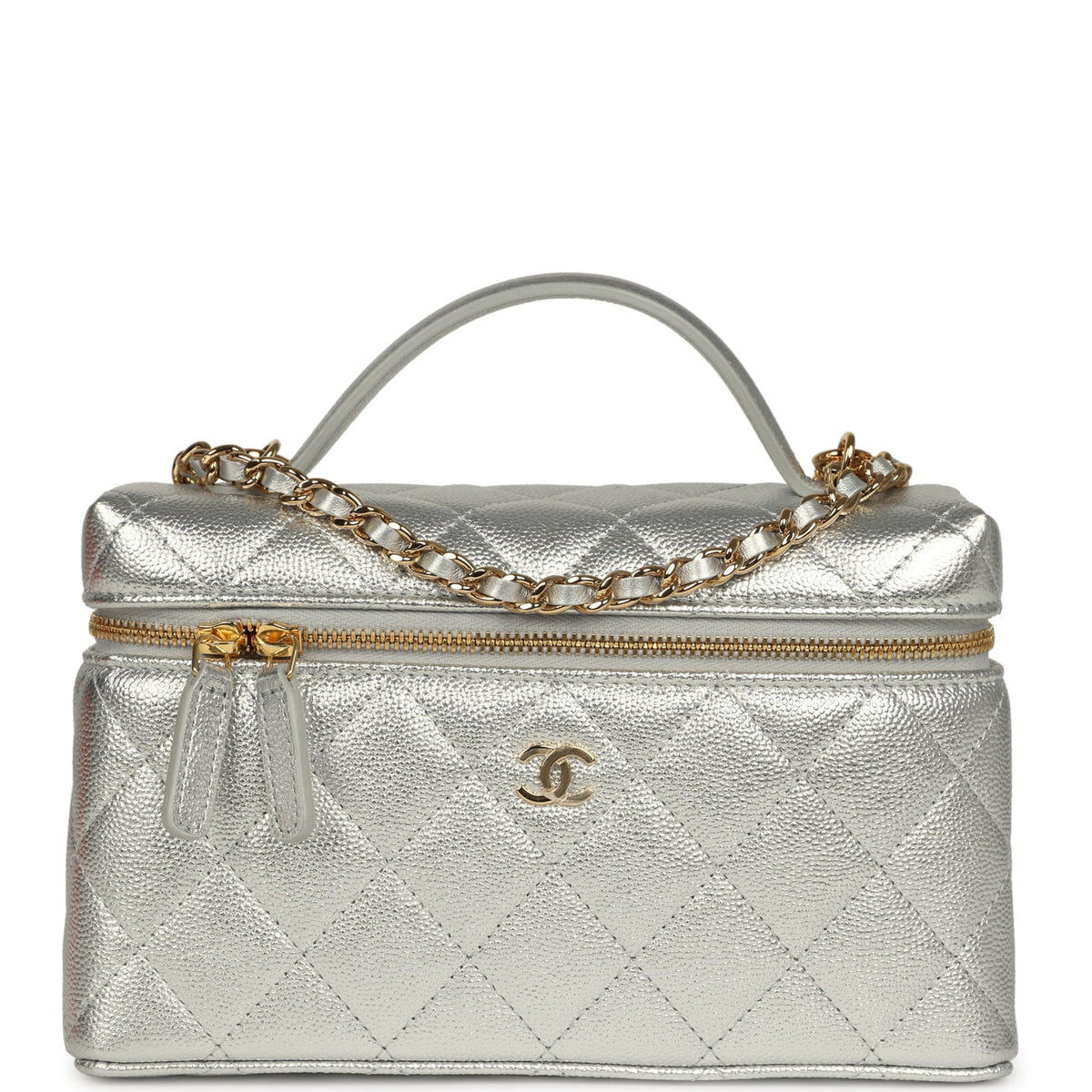 Chanel Top Handle Long Vanity Case with Chain Silver Metallic Caviar Gold Hardware