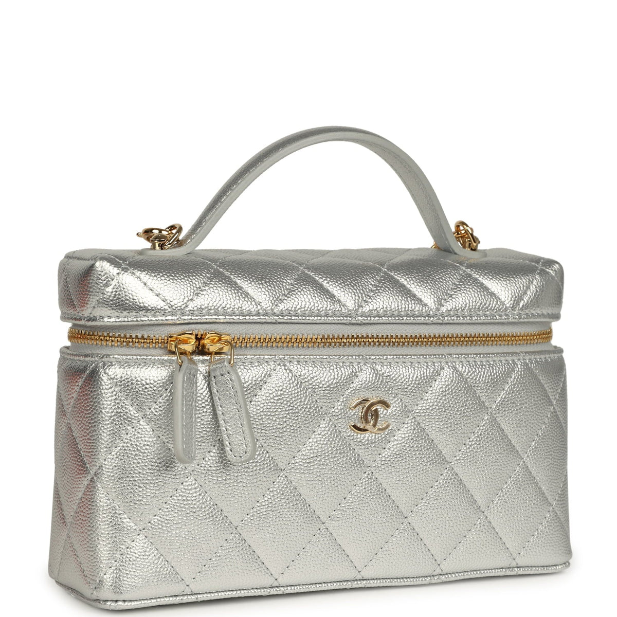 Chanel Top Handle Long Vanity Case with Chain Silver Metallic Caviar Gold Hardware