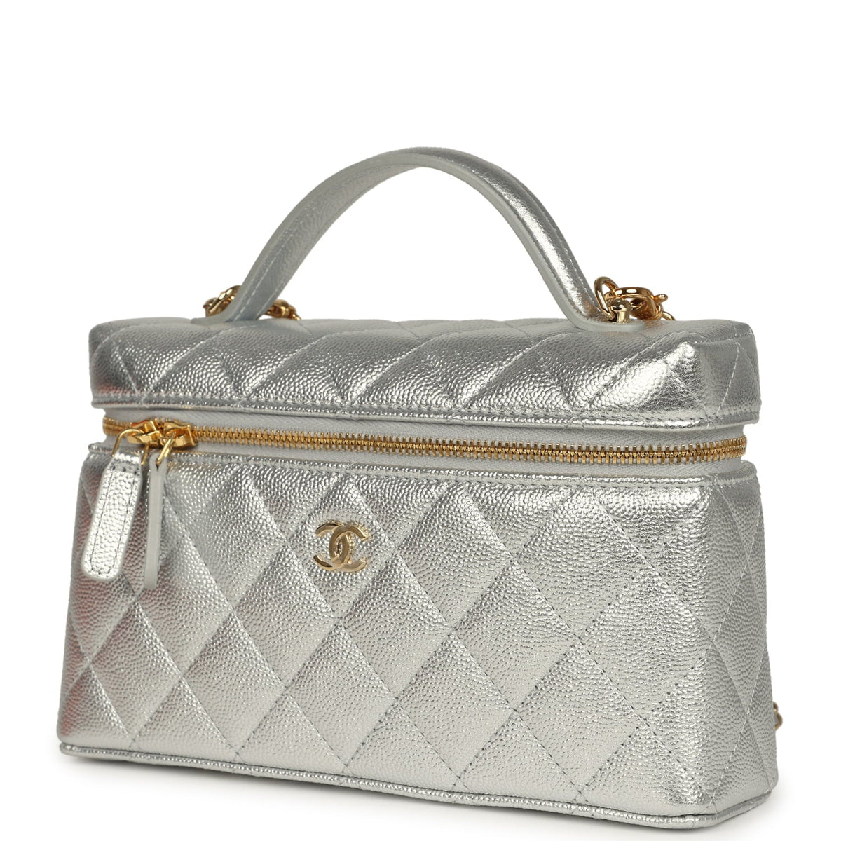 Chanel Top Handle Long Vanity Case with Chain Silver Metallic Caviar Gold Hardware