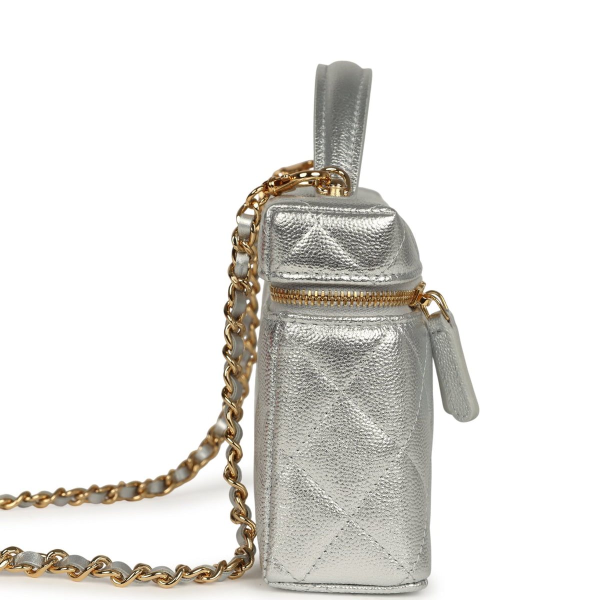 Chanel Top Handle Long Vanity Case with Chain Silver Metallic Caviar Gold Hardware