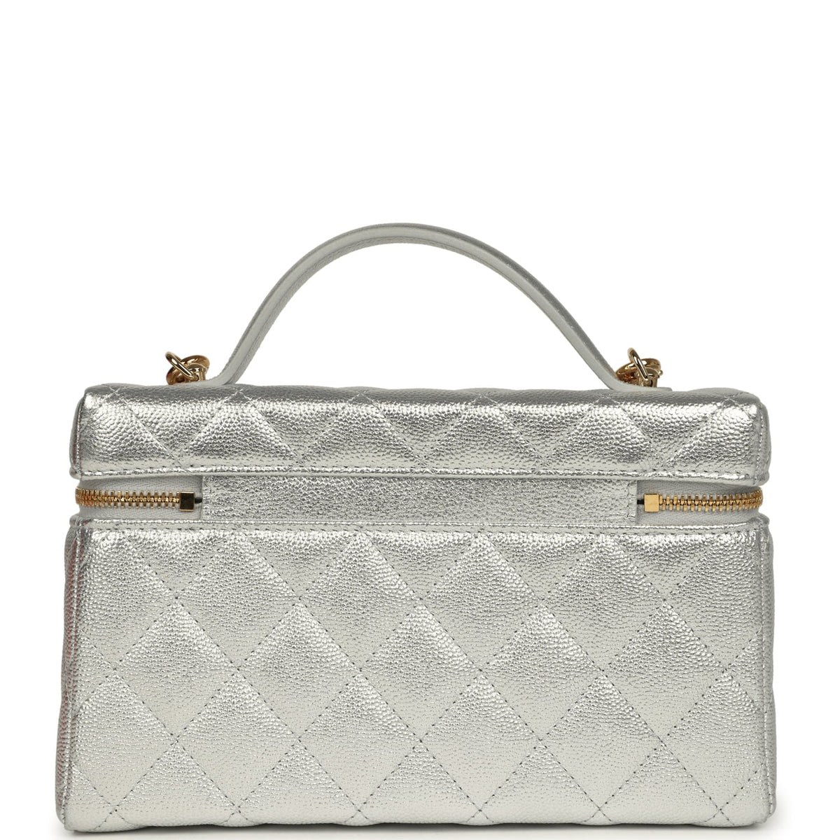 Chanel Top Handle Long Vanity Case with Chain Silver Metallic Caviar Gold Hardware