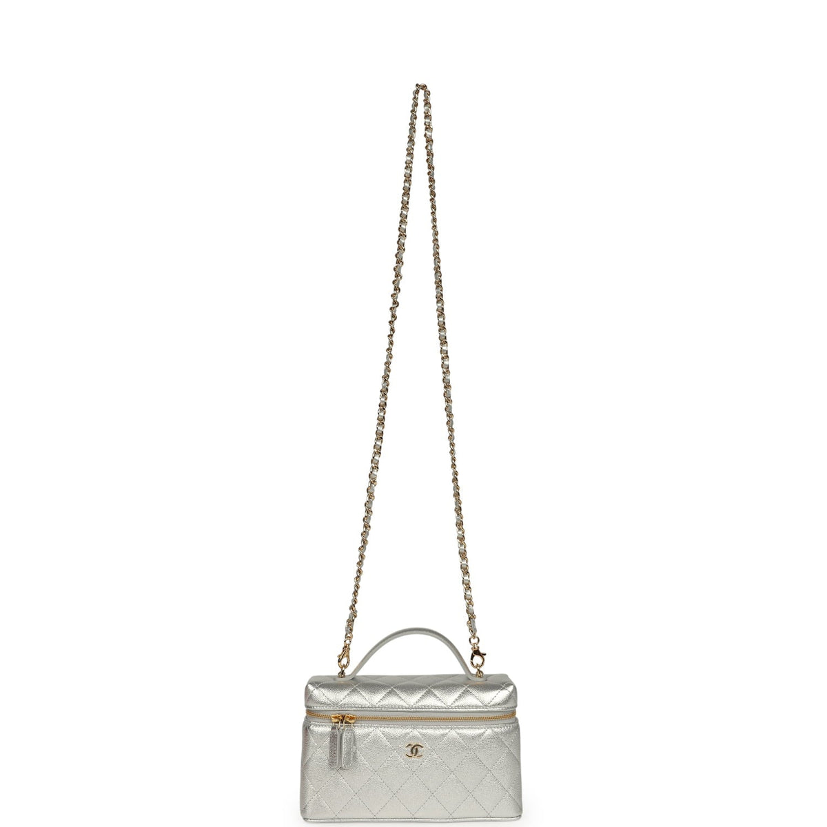 Chanel Top Handle Long Vanity Case with Chain Silver Metallic Caviar Gold Hardware