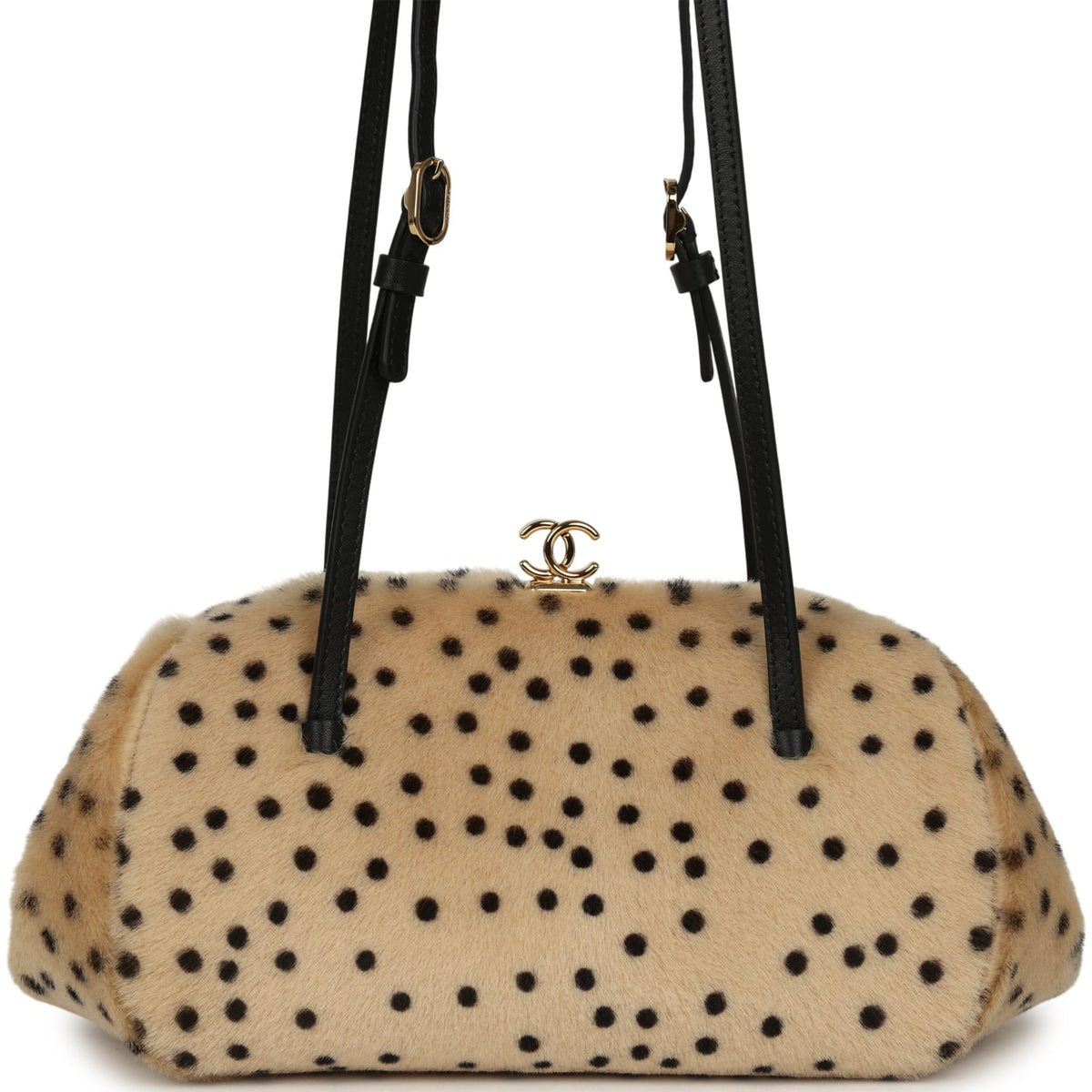 Chanel Cheetah Print Clutch with Leather Straps Light Beige Calf Hair, Black Leather Gold Hardware