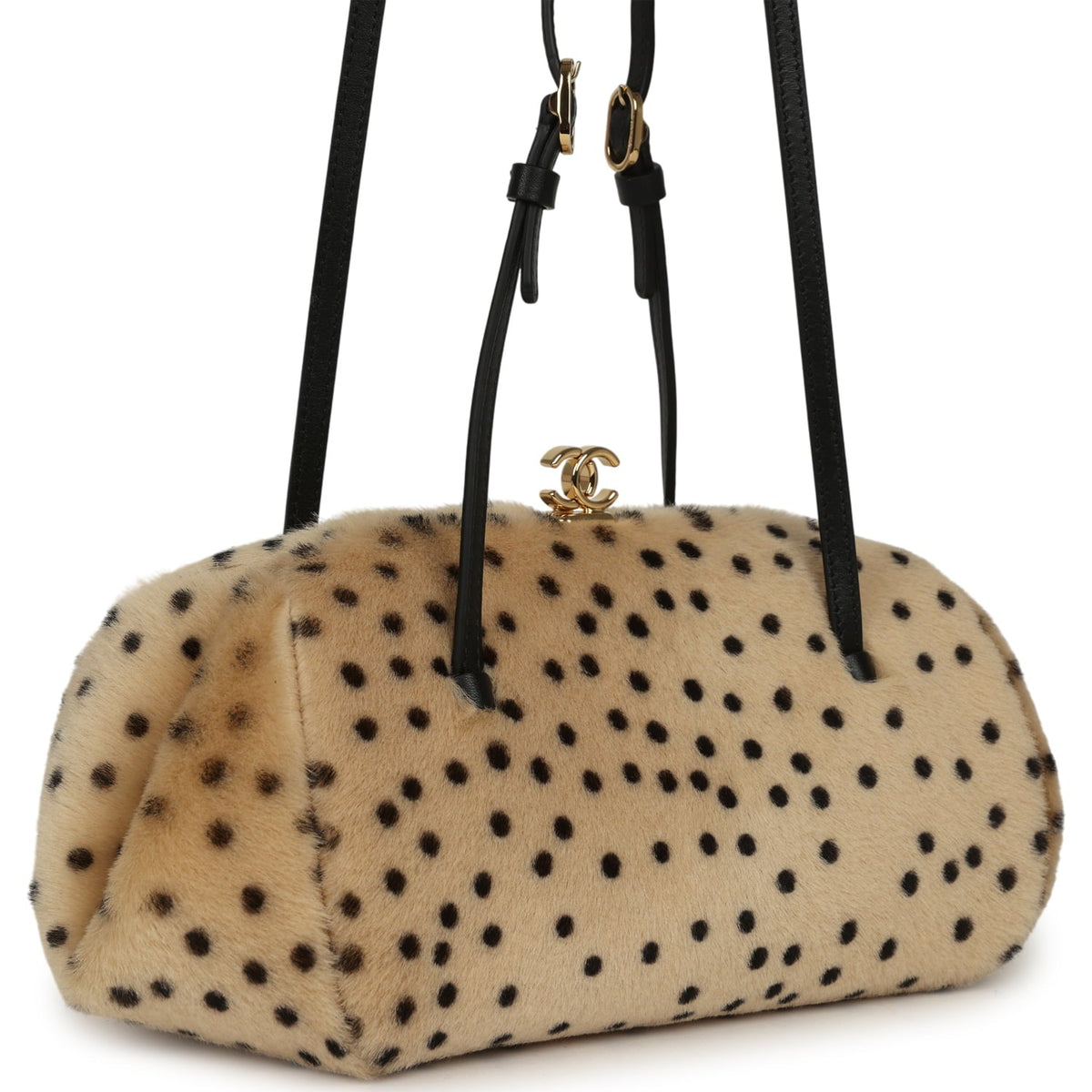 Chanel Cheetah Print Clutch with Leather Straps Light Beige Calf Hair, Black Leather Gold Hardware
