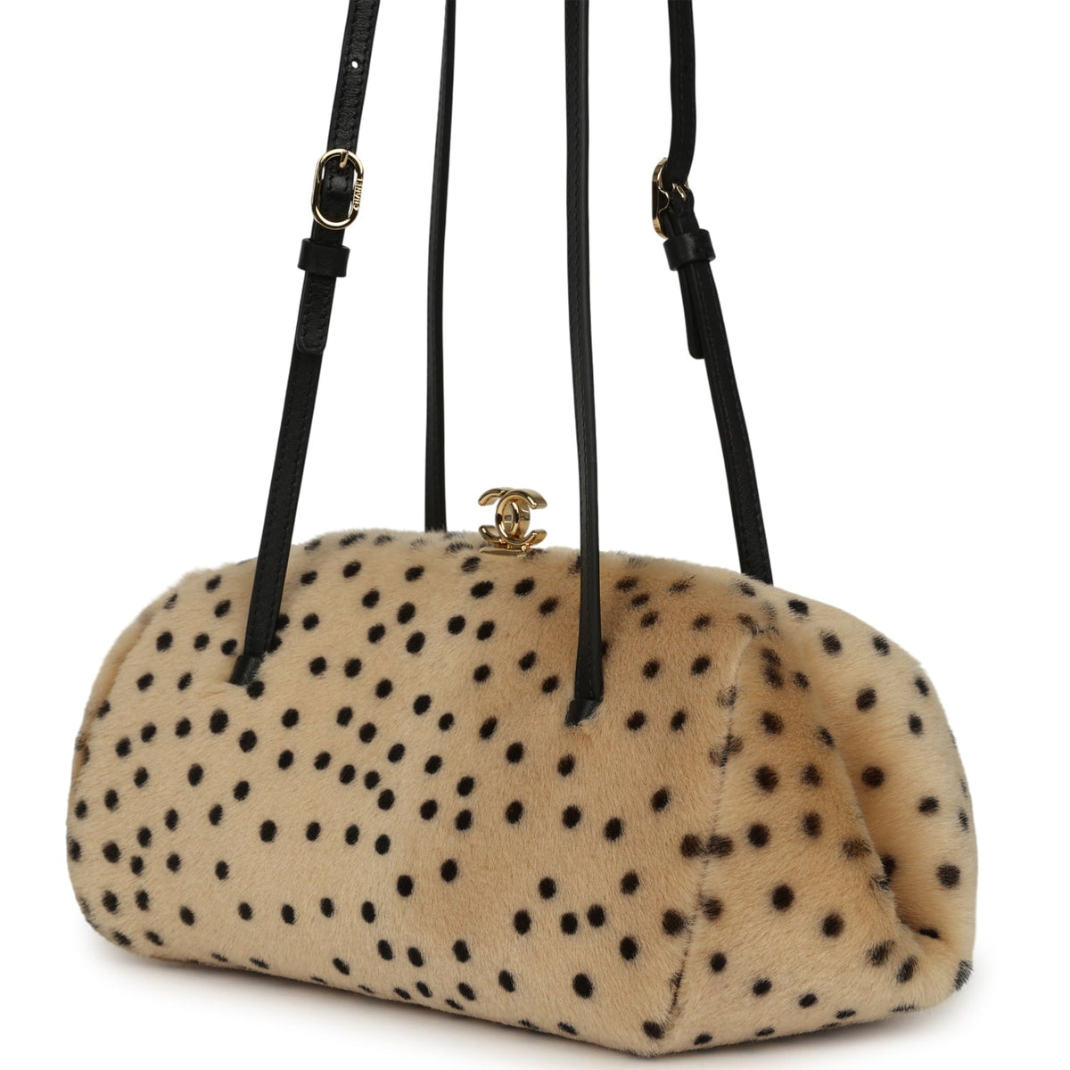 Chanel Cheetah Print Clutch with Leather Straps Light Beige Calf Hair, Black Leather Gold Hardware