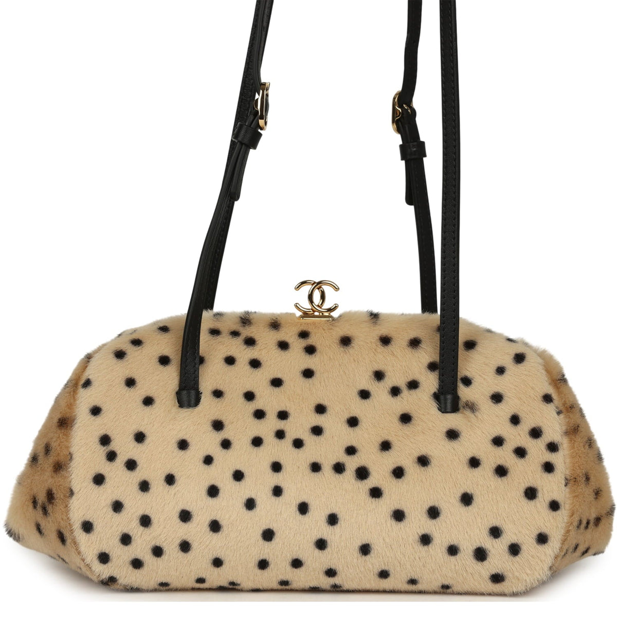 Chanel Cheetah Print Clutch with Leather Straps Light Beige Calf Hair, Black Leather Gold Hardware