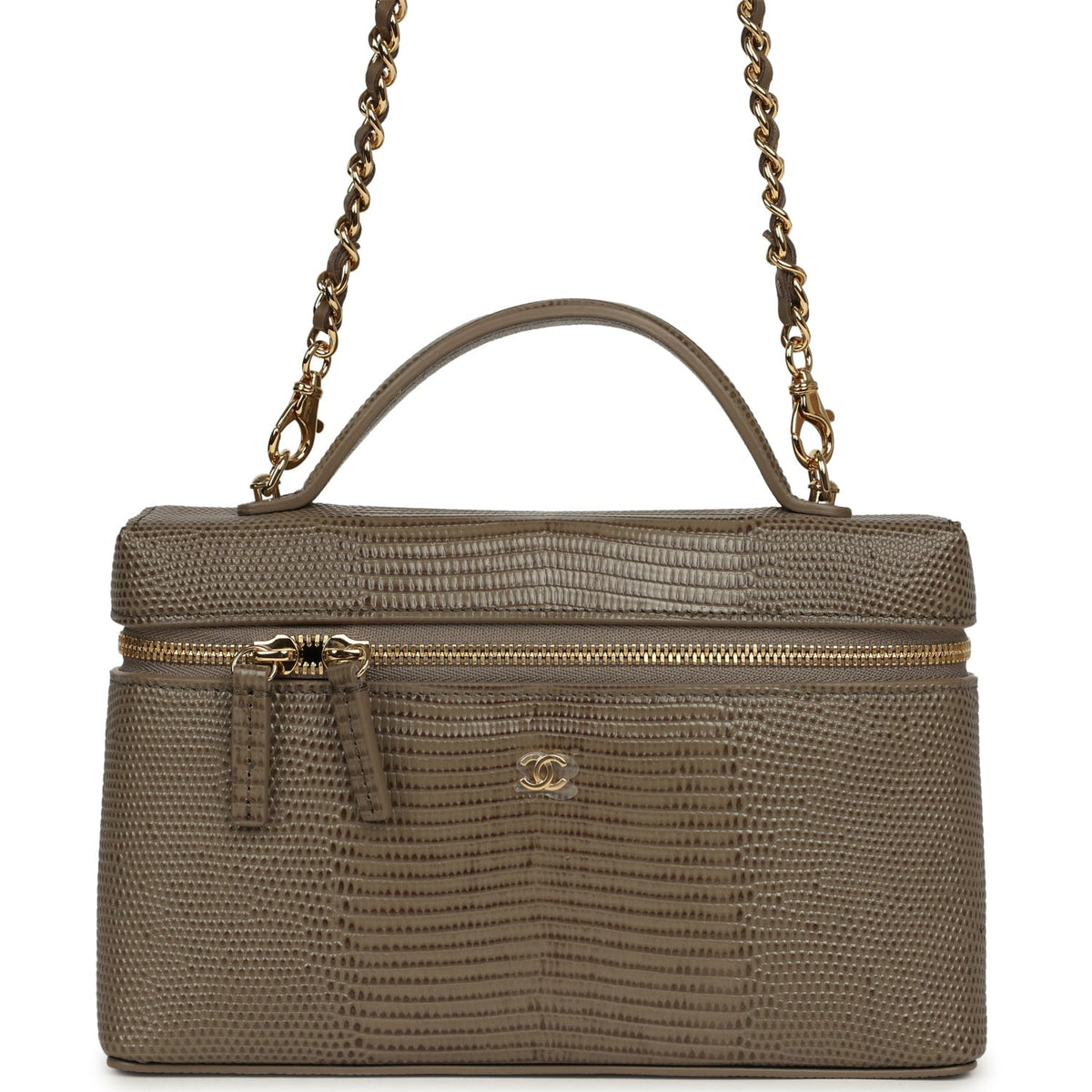 Chanel Top Handle Long Vanity Case with Chain Dark Khaki Lizard Embossed Calfskin Gold Hardware