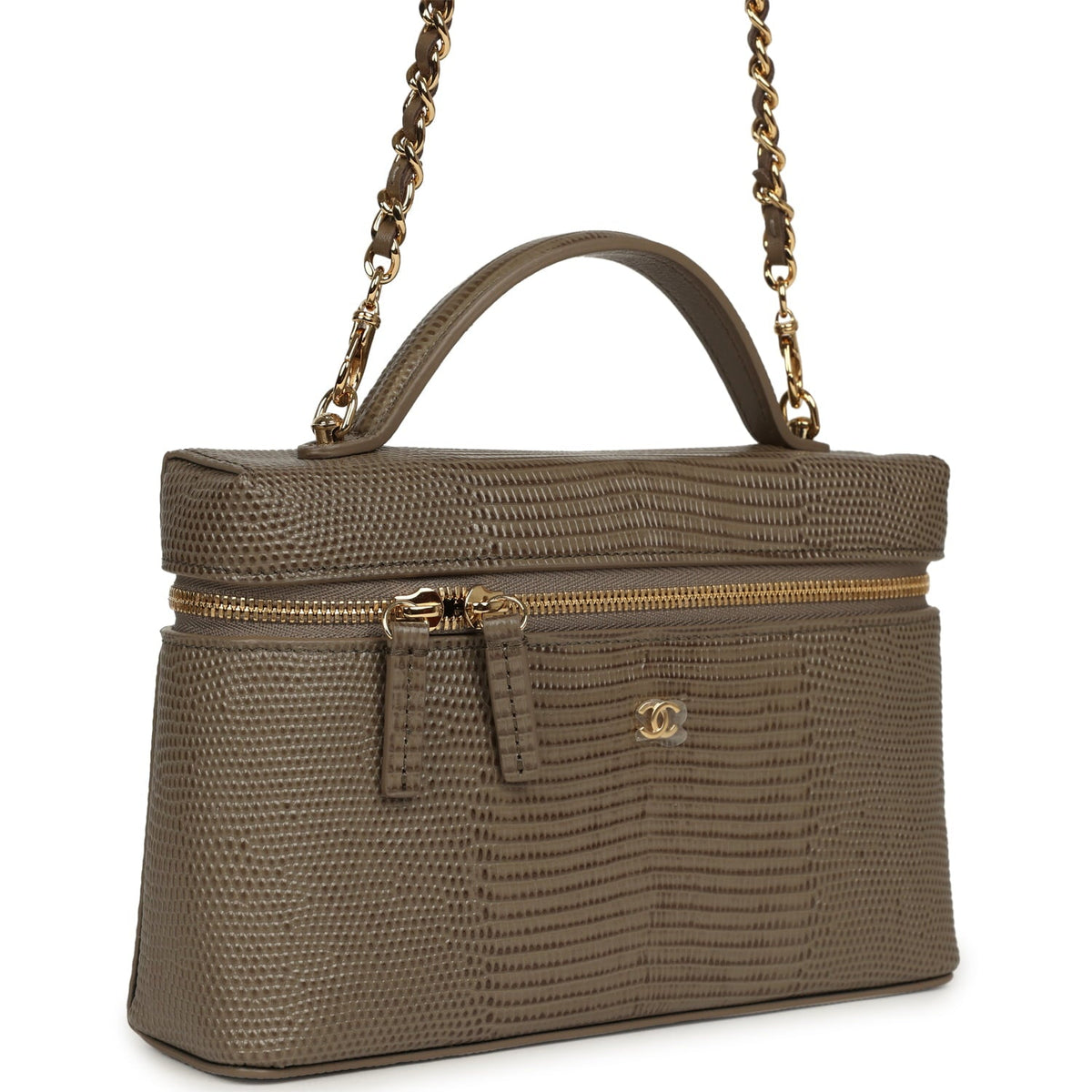 Chanel Top Handle Long Vanity Case with Chain Dark Khaki Lizard Embossed Calfskin Gold Hardware