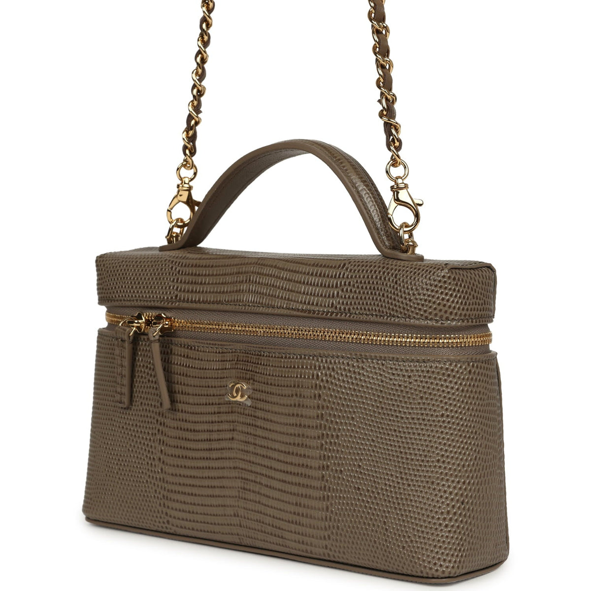 Chanel Top Handle Long Vanity Case with Chain Dark Khaki Lizard Embossed Calfskin Gold Hardware
