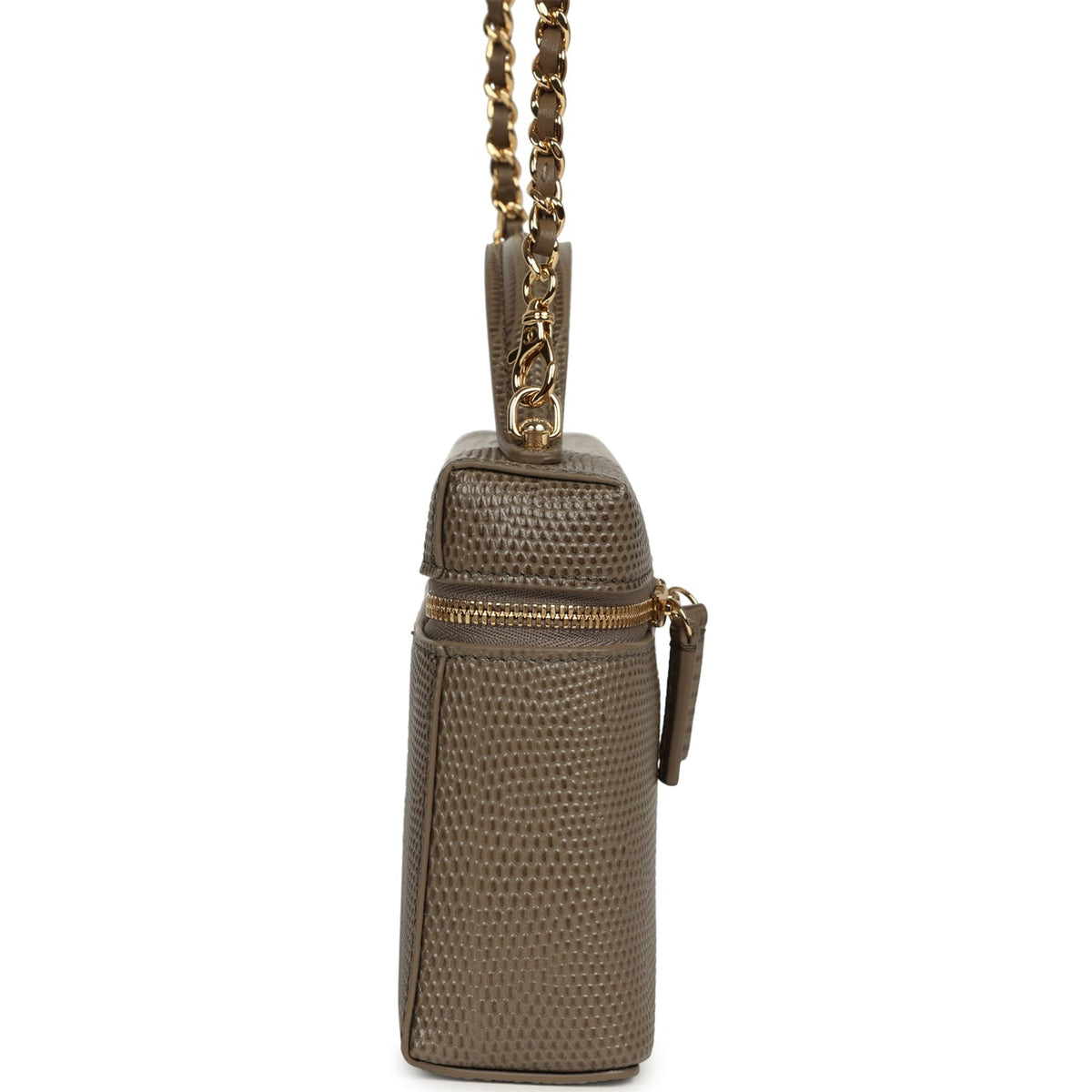 Chanel Top Handle Long Vanity Case with Chain Dark Khaki Lizard Embossed Calfskin Gold Hardware