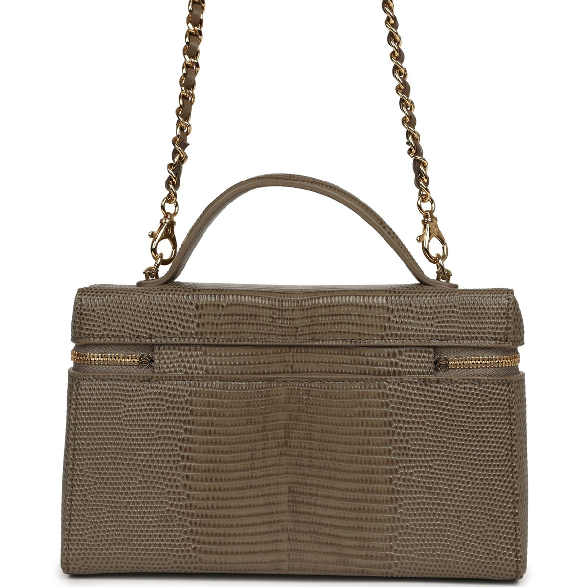 Chanel Top Handle Long Vanity Case with Chain Dark Khaki Lizard Embossed Calfskin Gold Hardware