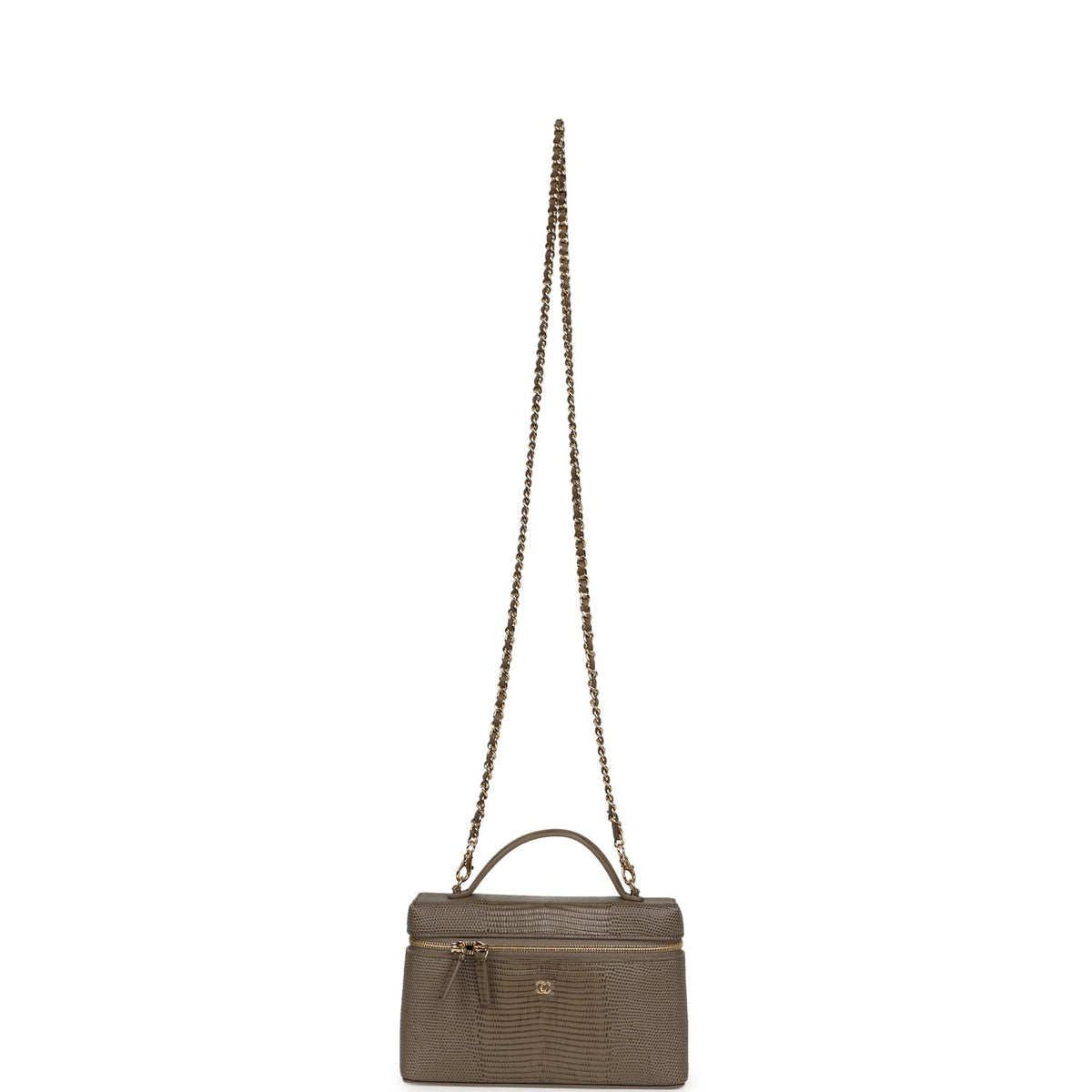 Chanel Top Handle Long Vanity Case with Chain Dark Khaki Lizard Embossed Calfskin Gold Hardware