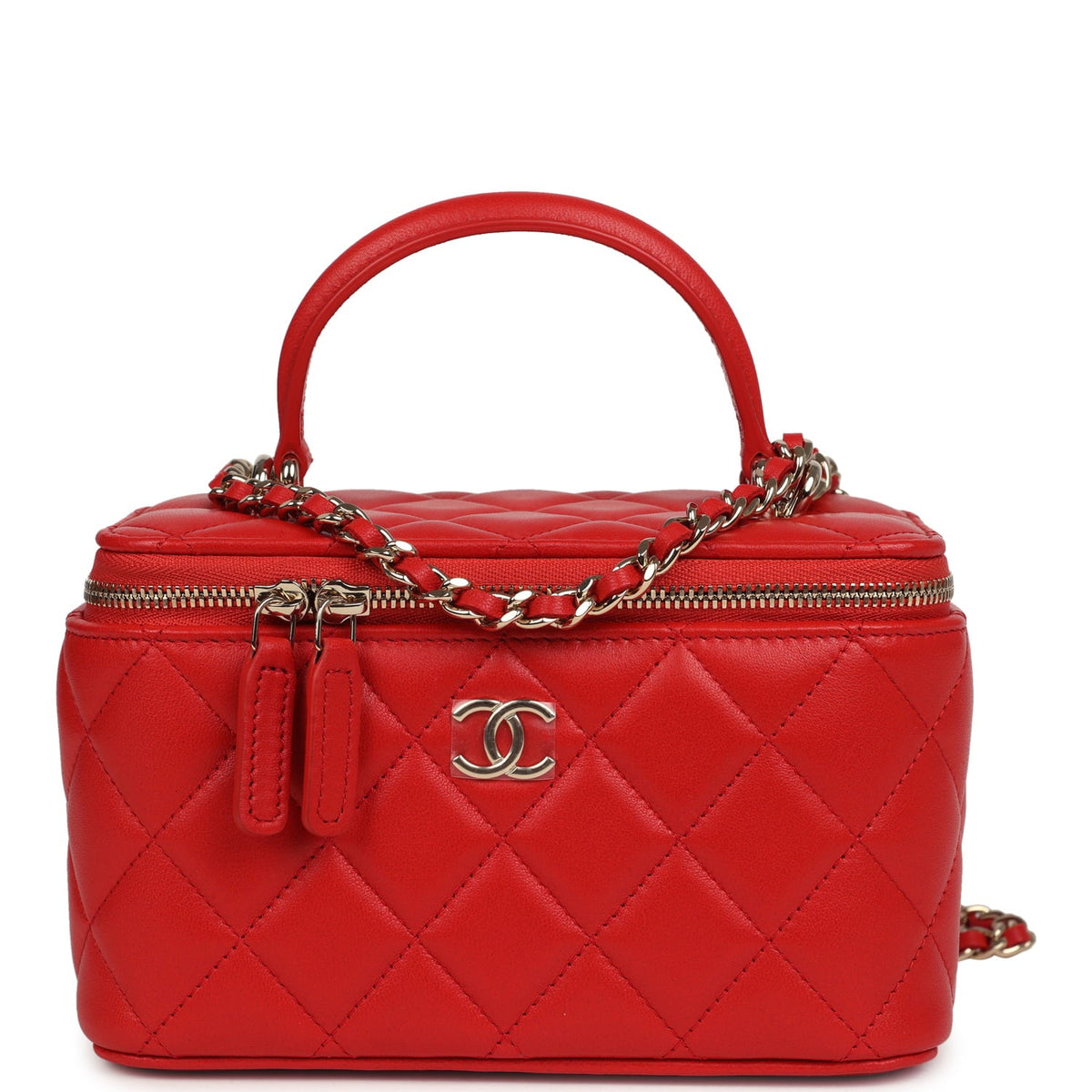 Chanel Small Classic Top Handle Vanity Case Red Lambskin Light Gold Hardware