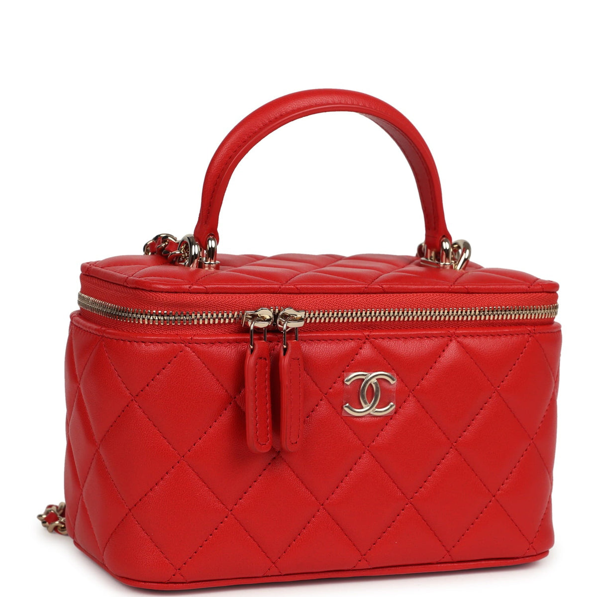 Chanel Small Classic Top Handle Vanity Case Red Lambskin Light Gold Hardware