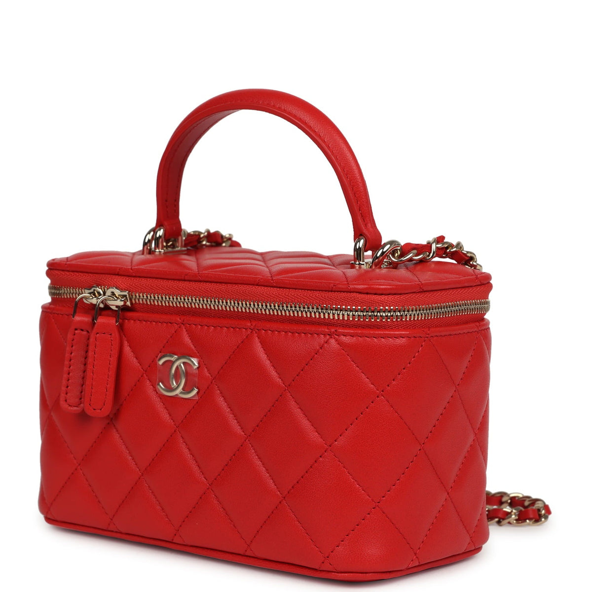 Chanel Small Classic Top Handle Vanity Case Red Lambskin Light Gold Hardware
