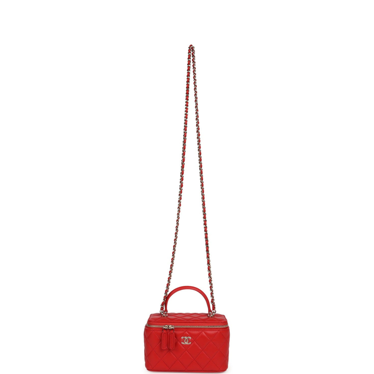 Chanel Small Classic Top Handle Vanity Case Red Lambskin Light Gold Hardware