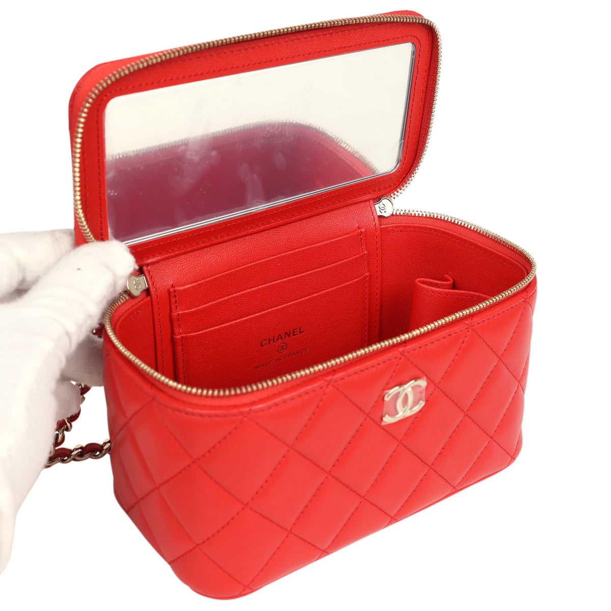 Chanel Small Classic Top Handle Vanity Case Red Lambskin Light Gold Hardware