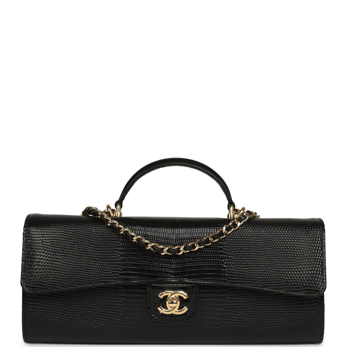Chanel Long Top Handle Clutch with Chain Black Lizard Embossed Calfskin Gold Hardware