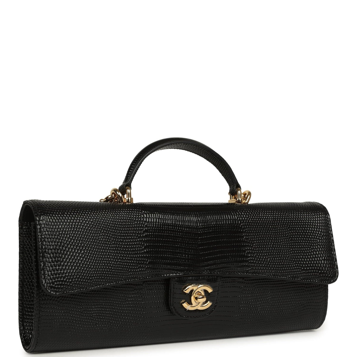 Chanel Long Top Handle Clutch with Chain Black Lizard Embossed Calfskin Gold Hardware