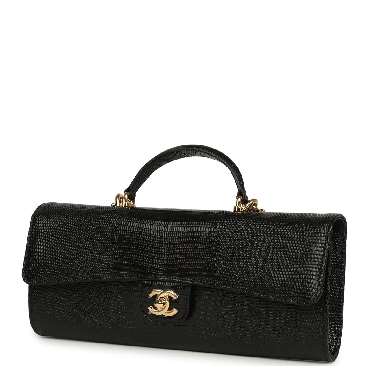 Chanel Long Top Handle Clutch with Chain Black Lizard Embossed Calfskin Gold Hardware