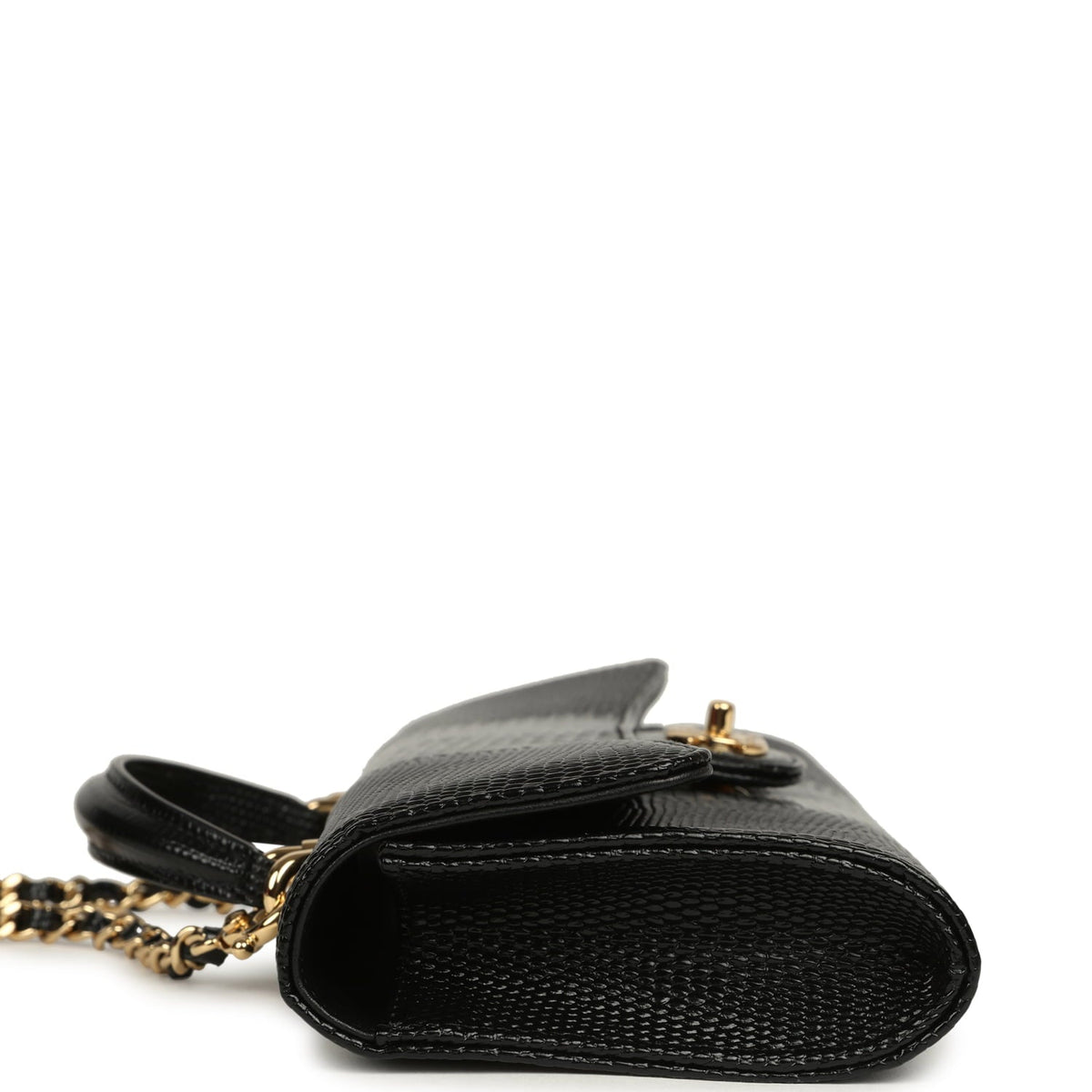 Chanel Long Top Handle Clutch with Chain Black Lizard Embossed Calfskin Gold Hardware