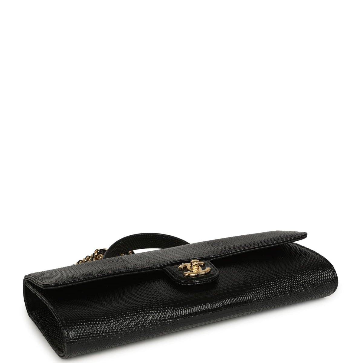 Chanel Long Top Handle Clutch with Chain Black Lizard Embossed Calfskin Gold Hardware