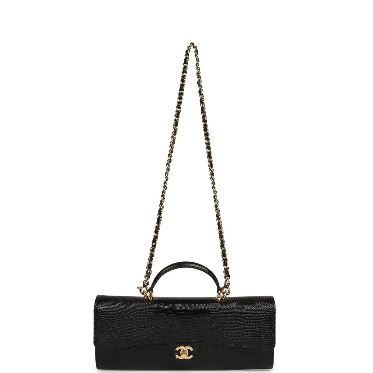Chanel Long Top Handle Clutch with Chain Black Lizard Embossed Calfskin Gold Hardware
