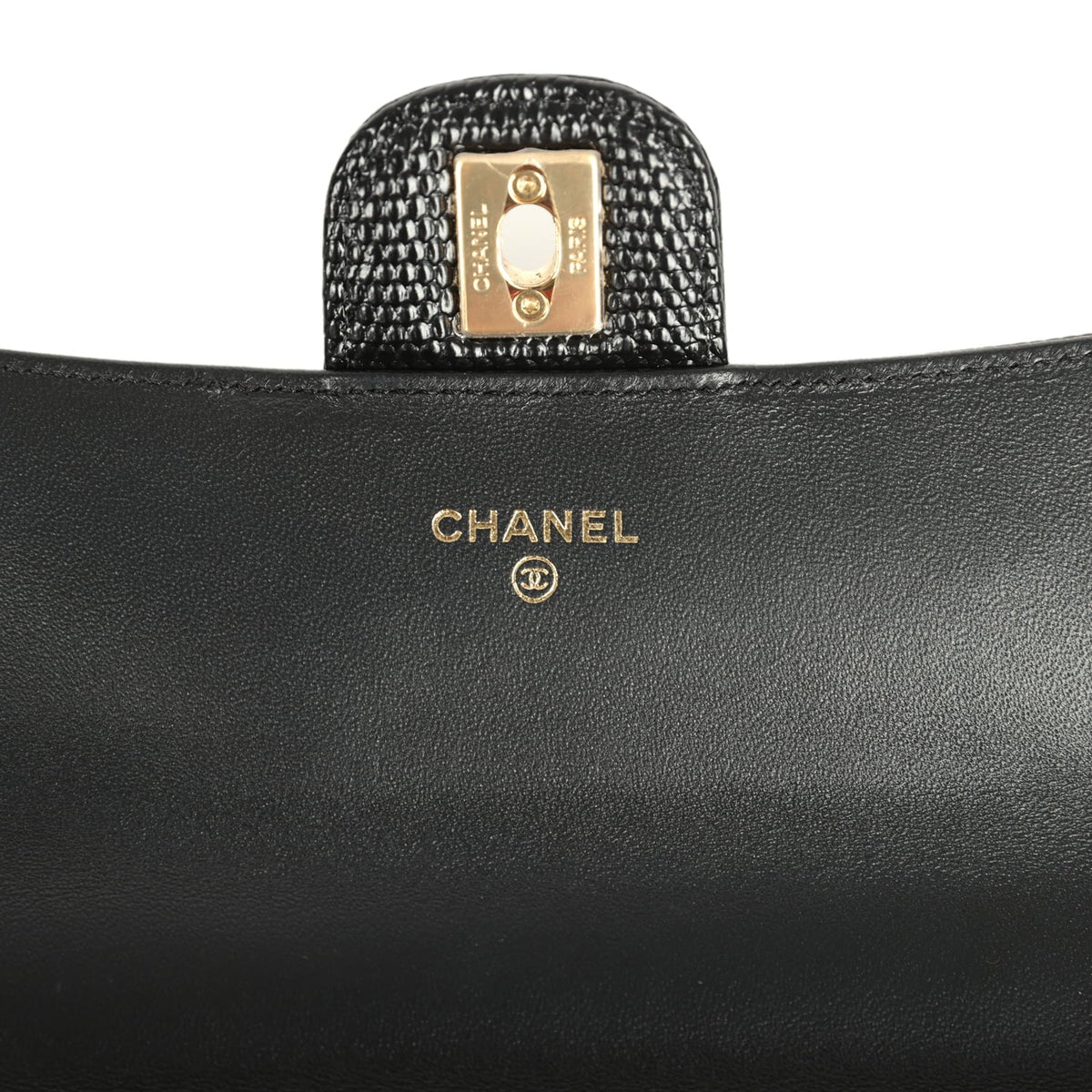 Chanel Long Top Handle Clutch with Chain Black Lizard Embossed Calfskin Gold Hardware