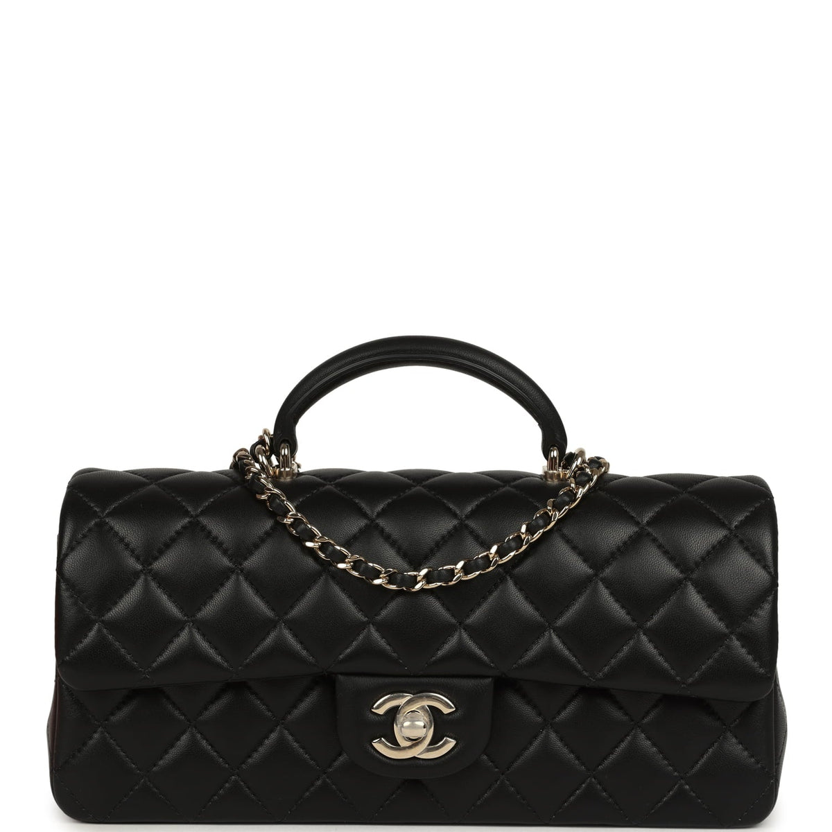 Chanel Classic Top Handle Long Flap Bag Black Lambskin Light Gold Hardware