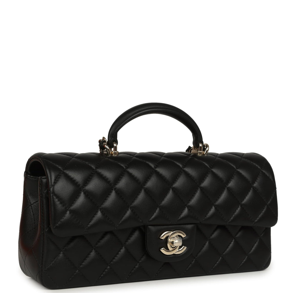 Chanel Classic Top Handle Long Flap Bag Black Lambskin Light Gold Hardware