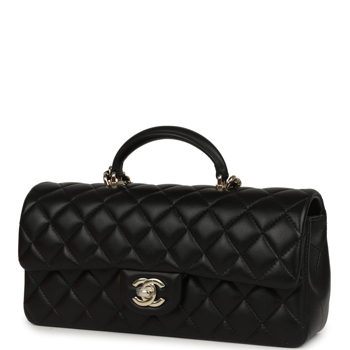 Chanel Classic Top Handle Long Flap Bag Black Lambskin Light Gold Hardware