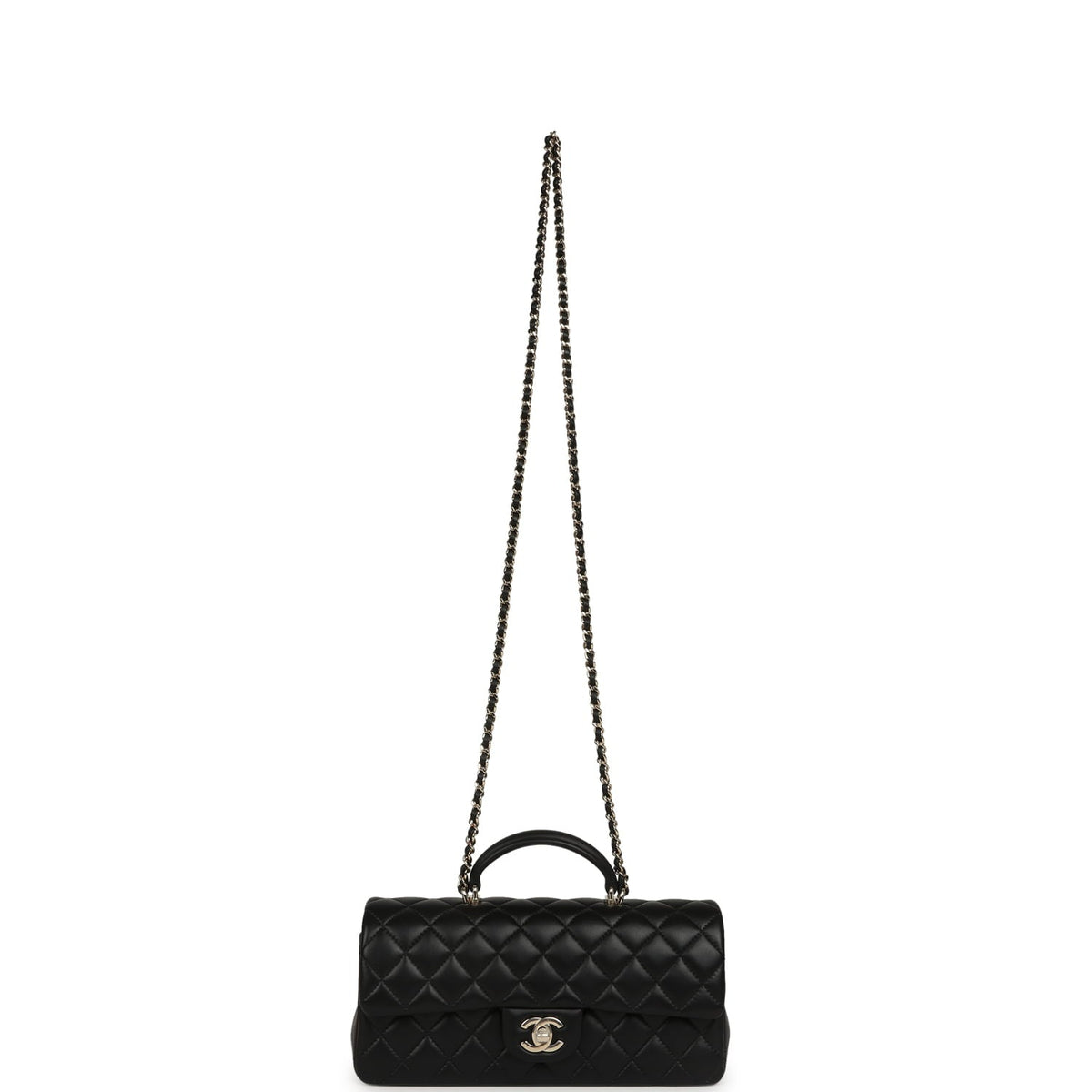 Chanel Classic Top Handle Long Flap Bag Black Lambskin Light Gold Hardware