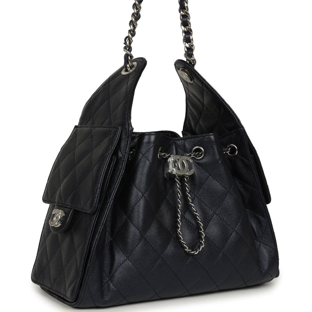Chanel Small 25 Hobo Bag Dark Blue Metallic Caviar Silver Hardware
