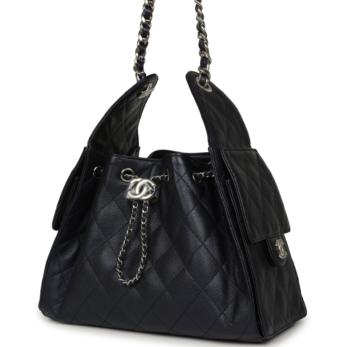 Chanel Small 25 Hobo Bag Dark Blue Metallic Caviar Silver Hardware