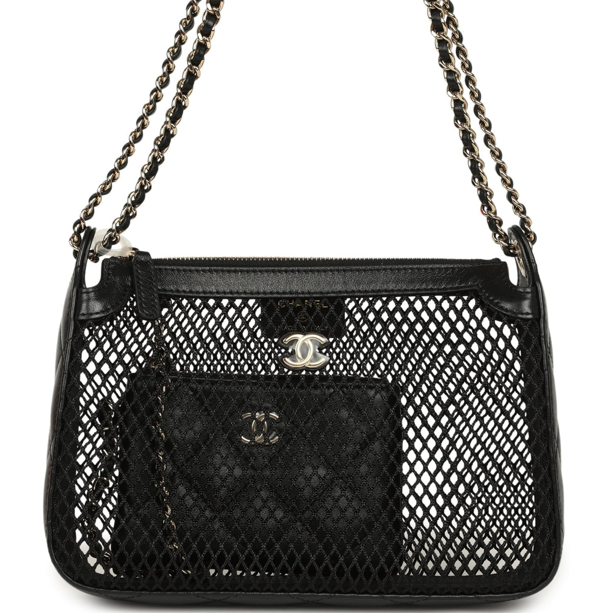 Chanel Clutch with Chain Black Mesh, Shiny Lambskin Gold Hardware