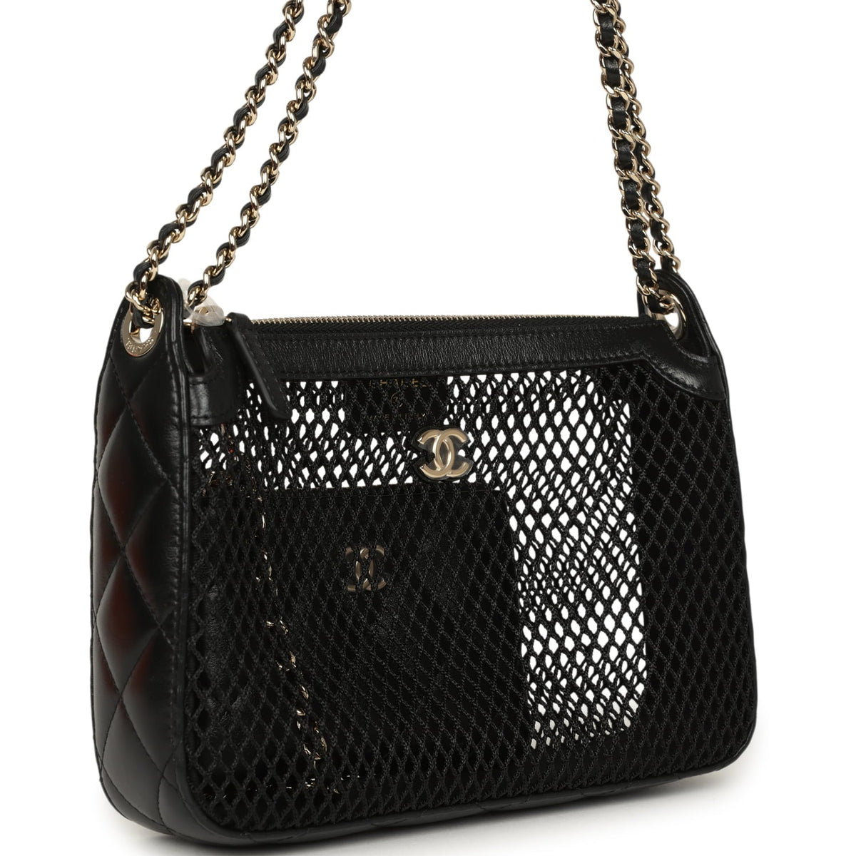 Chanel Clutch with Chain Black Mesh, Shiny Lambskin Gold Hardware
