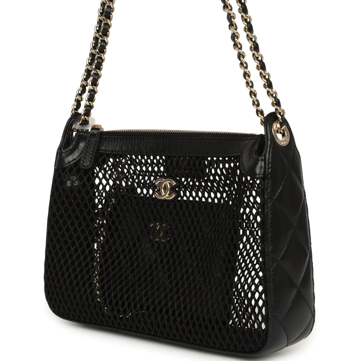 Chanel Clutch with Chain Black Mesh, Shiny Lambskin Gold Hardware