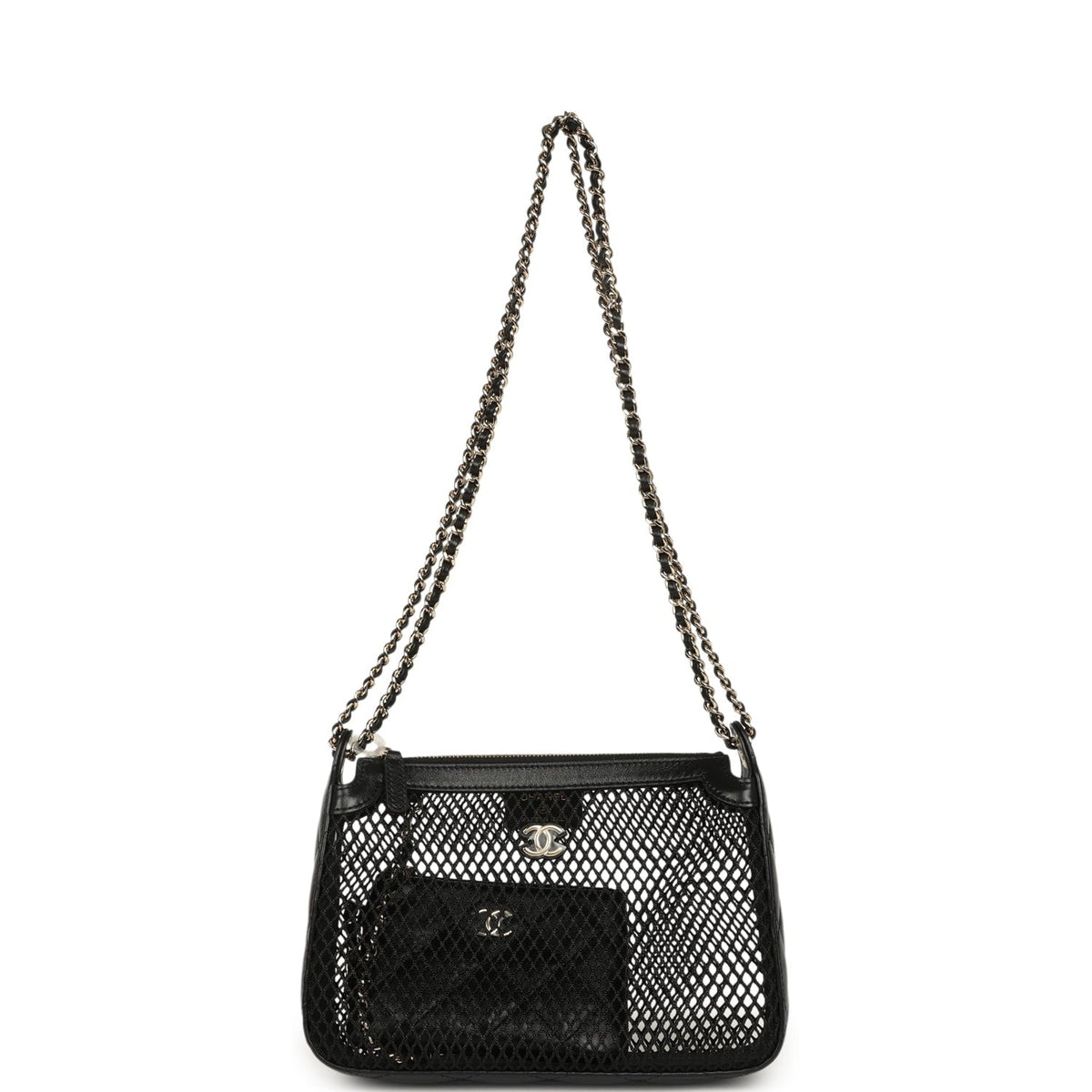 Chanel Clutch with Chain Black Mesh, Shiny Lambskin Gold Hardware