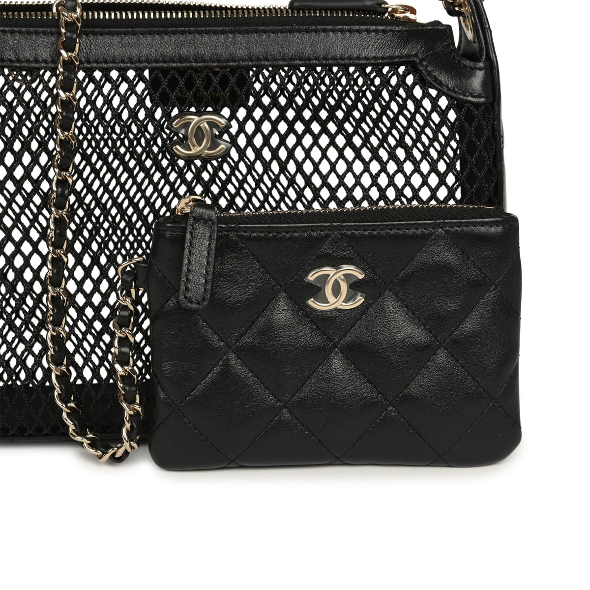 Chanel Clutch with Chain Black Mesh, Shiny Lambskin Gold Hardware